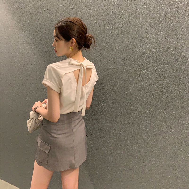 後ろ開きリボンデザイン半袖Tシャツトップス