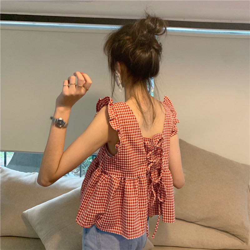 チェック柄フリル裾無袖トップス大人かわいいトップス