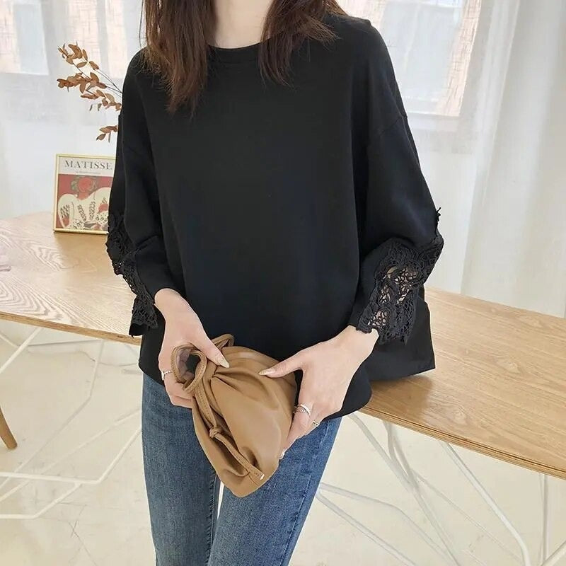 レース袖切替後ろフレア裾Tシャツトップス