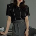 ストライプ半袖リゾートＴシャツ通勤日常コーデトップス肩パッド付