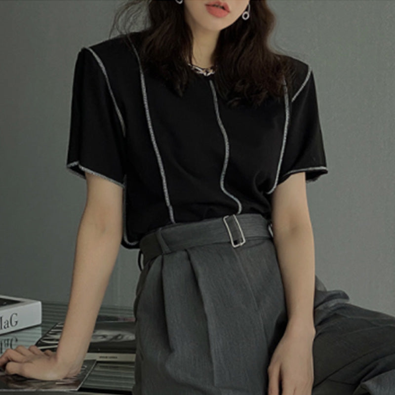 ストライプ半袖リゾートＴシャツ通勤日常コーデトップス肩パッド付