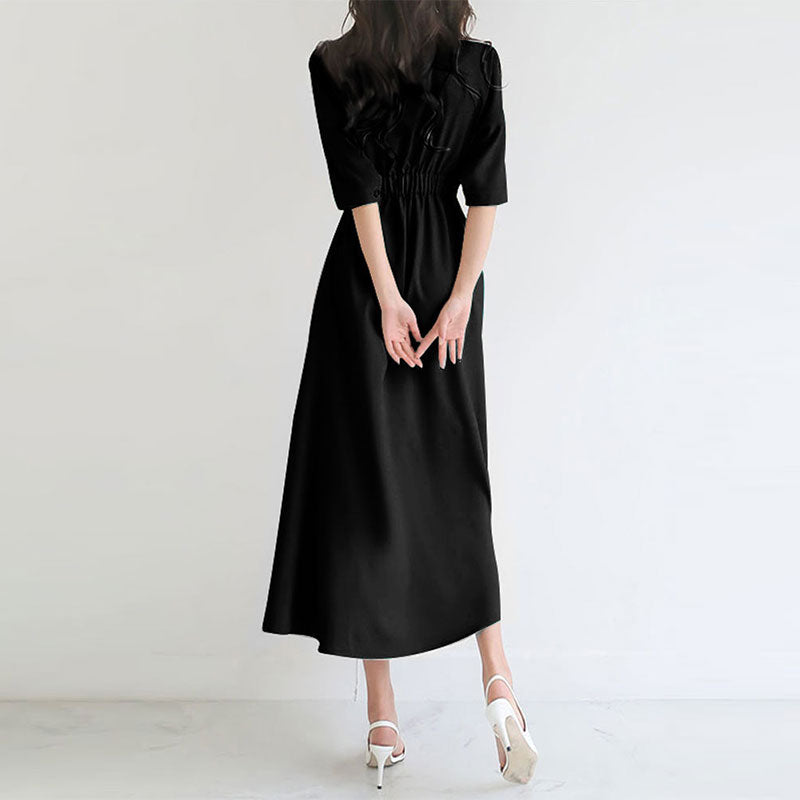 人気沸騰 エレガントVネック切り替えレギュラーウエストAライン無地デートワンピース