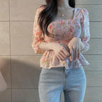 ギャザーストレッチシフォン花柄シャツ