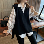 無地ベスト＆ストライプ柄シャツセットアップ