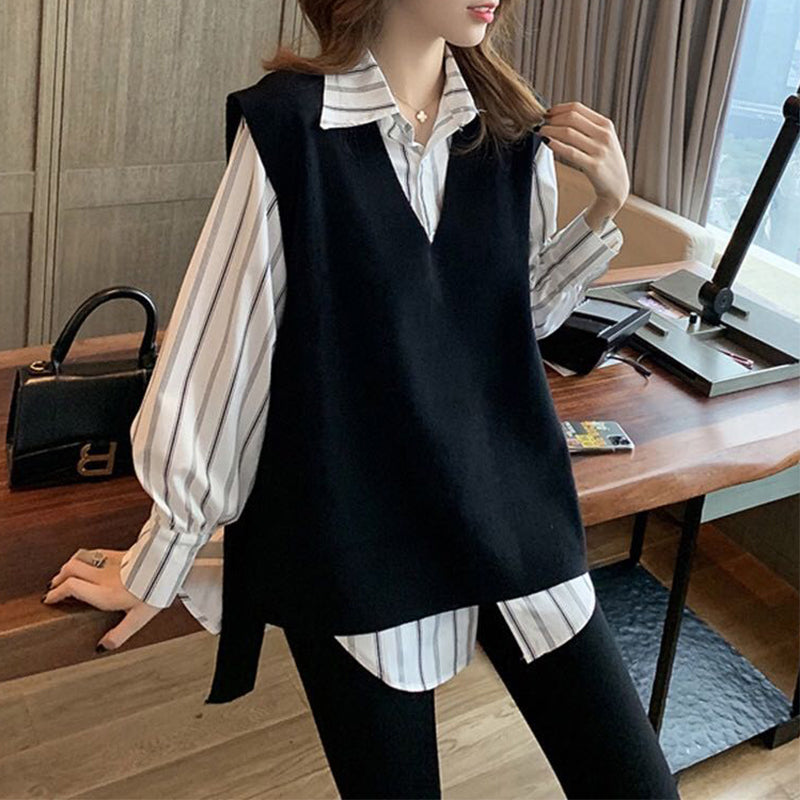 無地ベスト＆ストライプ柄シャツセットアップ