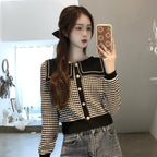 初秋スウィートセーラー服の襟スリムチェック柄ニットトップス
