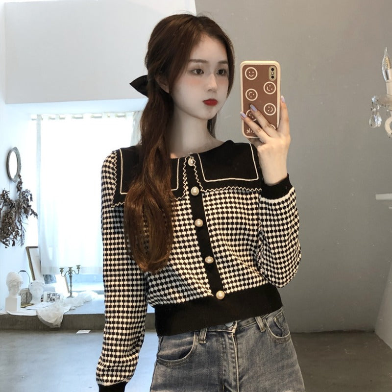 初秋スウィートセーラー服の襟スリムチェック柄ニットトップス