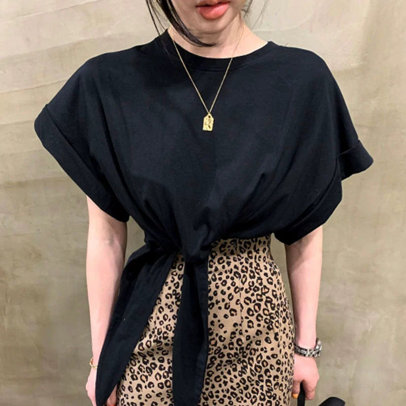 不規則フレンチ袖無地Tシャツリボンコーデしやすいトップス