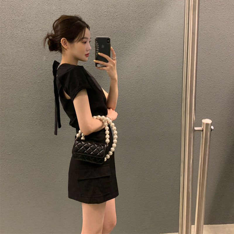 後ろ開きリボンデザイン半袖Tシャツトップス