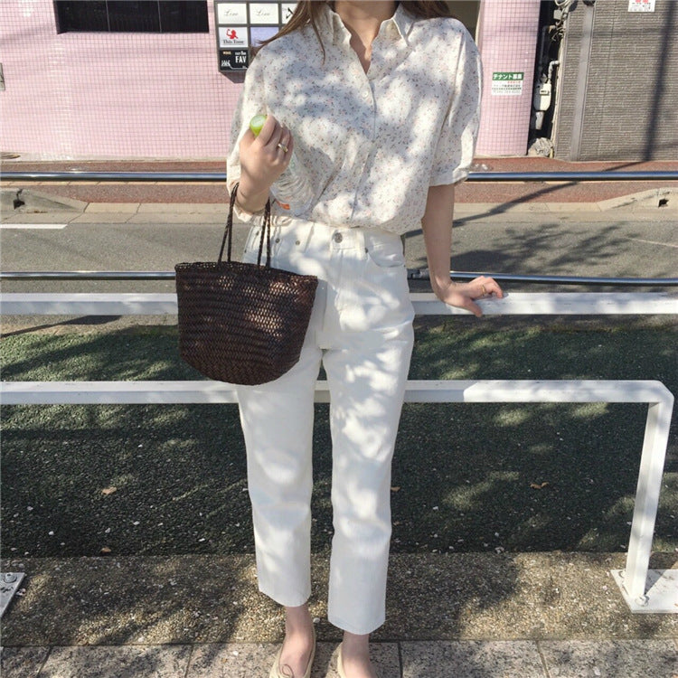 小花柄半袖ブラウストップス