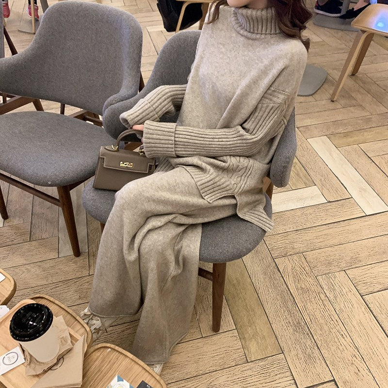 3COLORS秋冬シンプル無地ハイネックスリットニットセーター＆合わせやすいロングパンツセットアップ