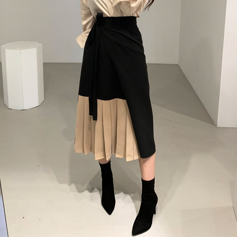 プリーツ配色切替ラップスカートコーデしやすいボトムス