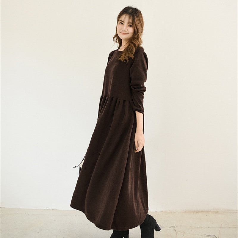 5COLORSシンプル無地ラウンドネックゆるリラックスロングワンピース