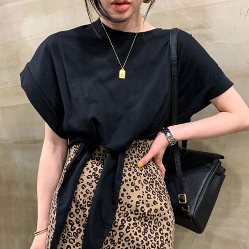 不規則フレンチ袖無地Tシャツリボンコーデしやすいトップス