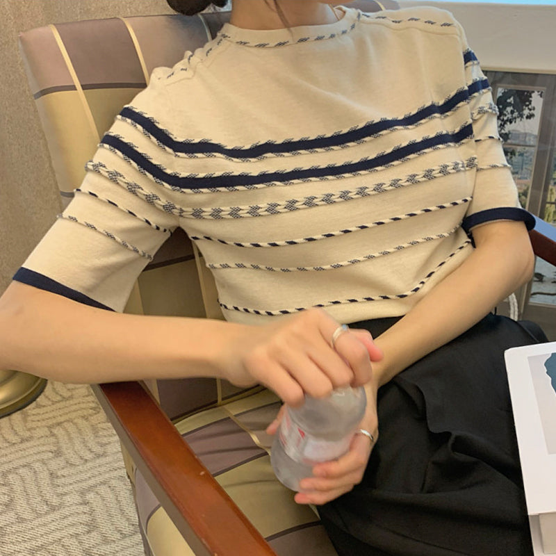 フリー気質ストライプ配色切り替えゆったり着痩せ効果ニットカジュアルトップス