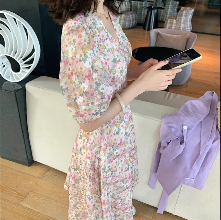 花柄パフスリーブ春コーデデートワンピースラップワンピース
