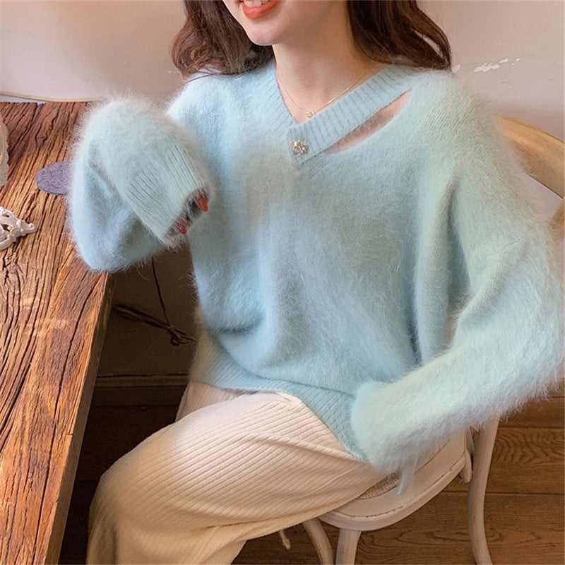 3COLORS手触り良くデザイン感ゆるリラックス透かし彫りニットトップス