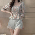 ギャザーストレッチシフォン花柄シャツ