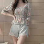 ギャザーストレッチシフォン花柄シャツ