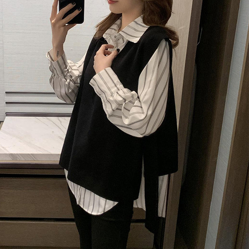 無地ベスト＆ストライプ柄シャツセットアップ