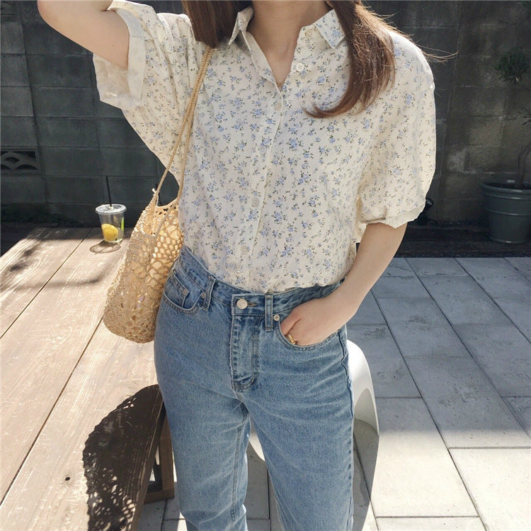 小花柄半袖ブラウストップス