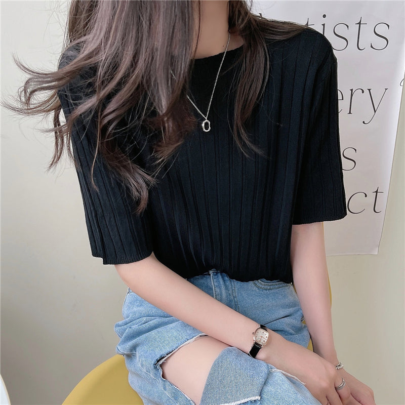 多カラー選択ストライプ無地半袖ニットシンプルTシャツコーデしやすい