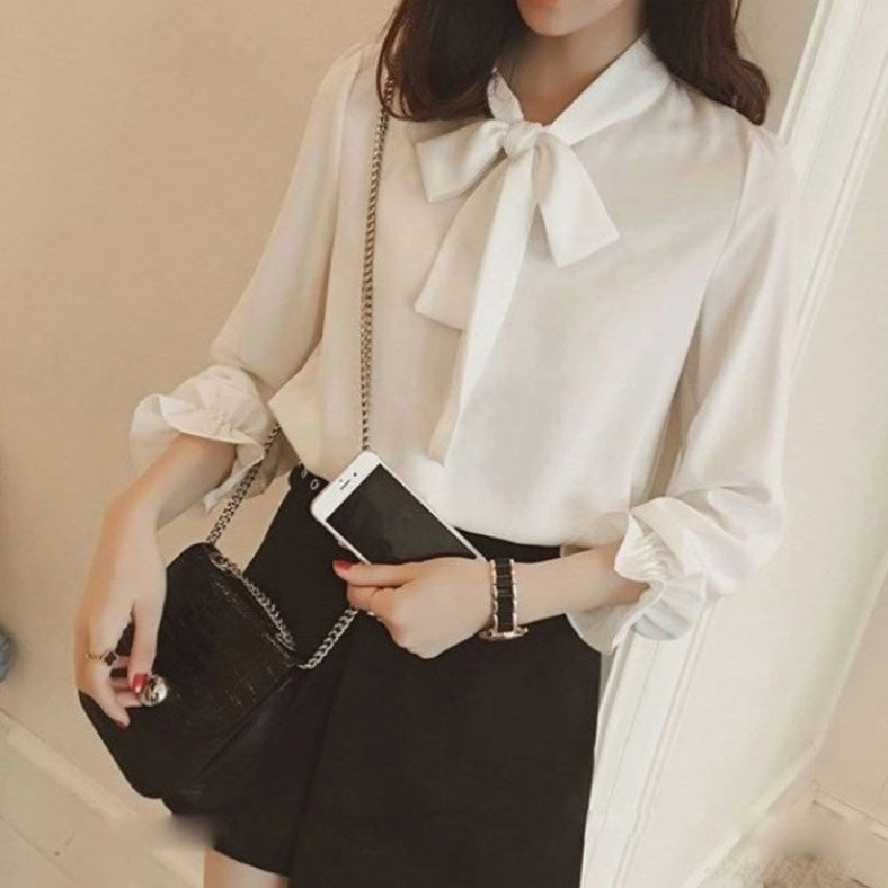 シフォンちょう結び付きカジュアルコーデしやすいシャツトップス