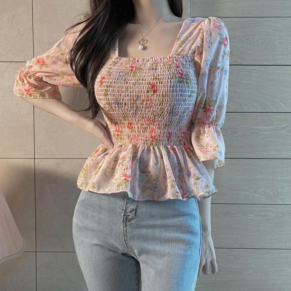 ギャザーストレッチシフォン花柄シャツ