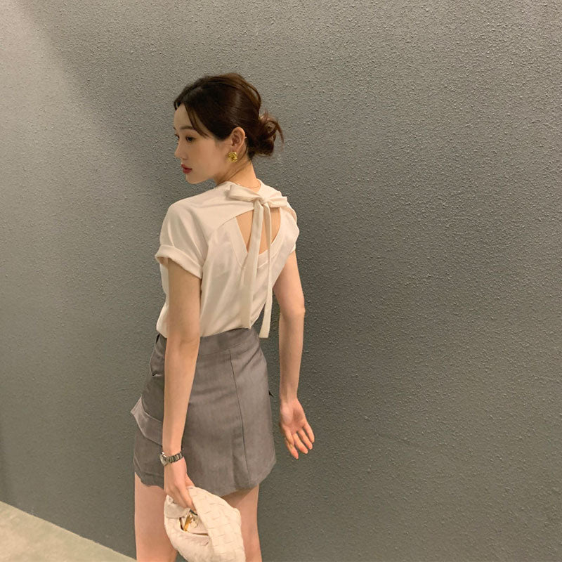 後ろ開きリボンデザイン半袖Tシャツトップス