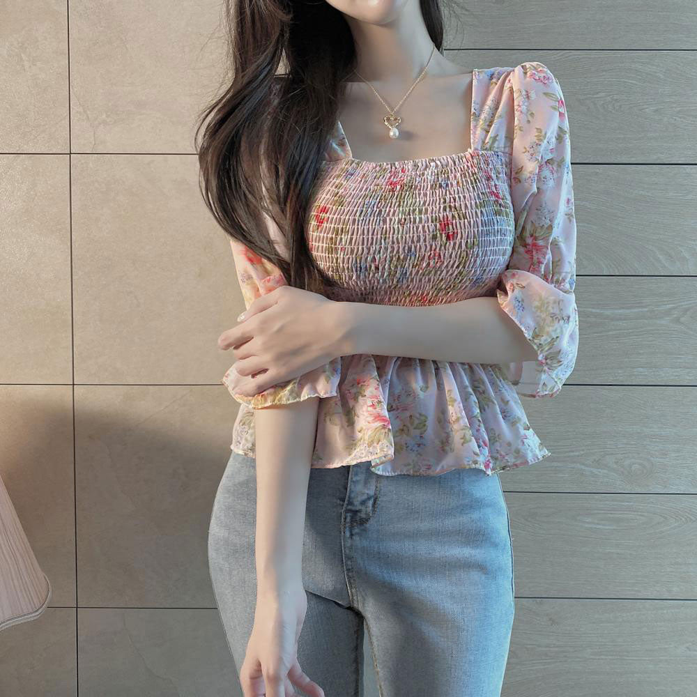 ギャザーストレッチシフォン花柄シャツ
