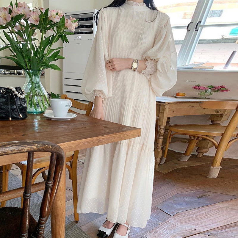 好感度UP気質ゆったり着痩せ効果ランタンスリーブ長袖ロングカジュアルワンピース