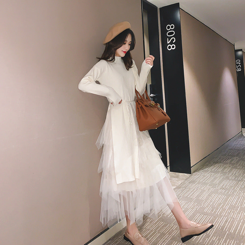 ニットスリットロングワンピース＆メッシュ不規則スカートセットアップ