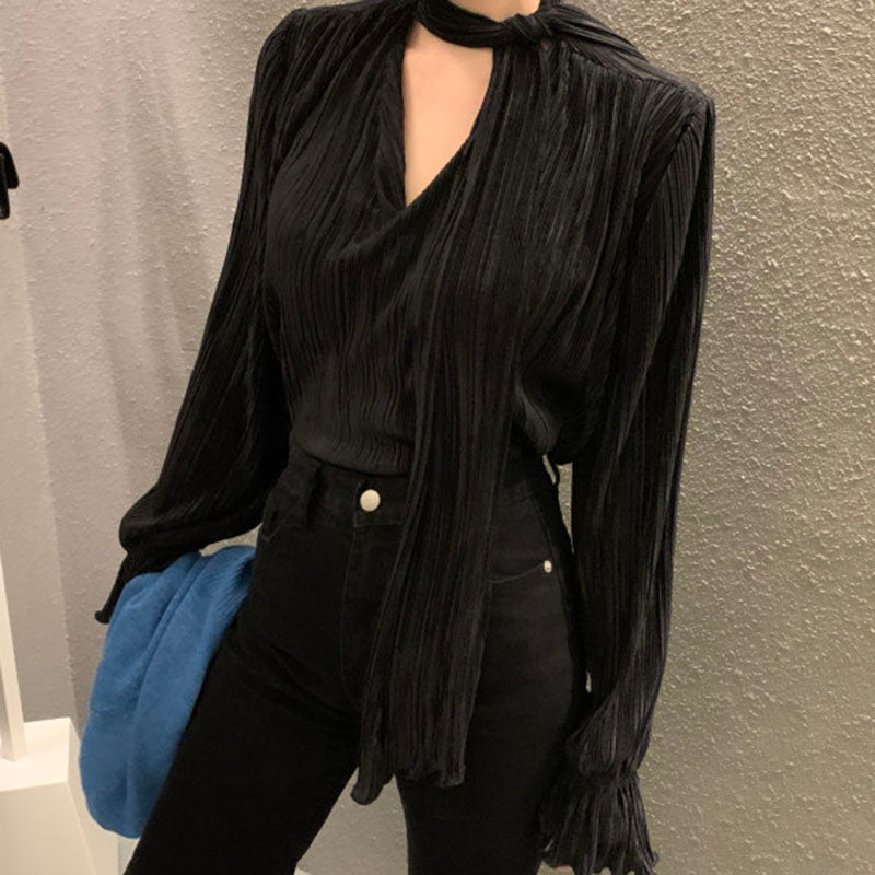 ギャザープリーツデザインフラウンススリーブブラウスシャツトップス