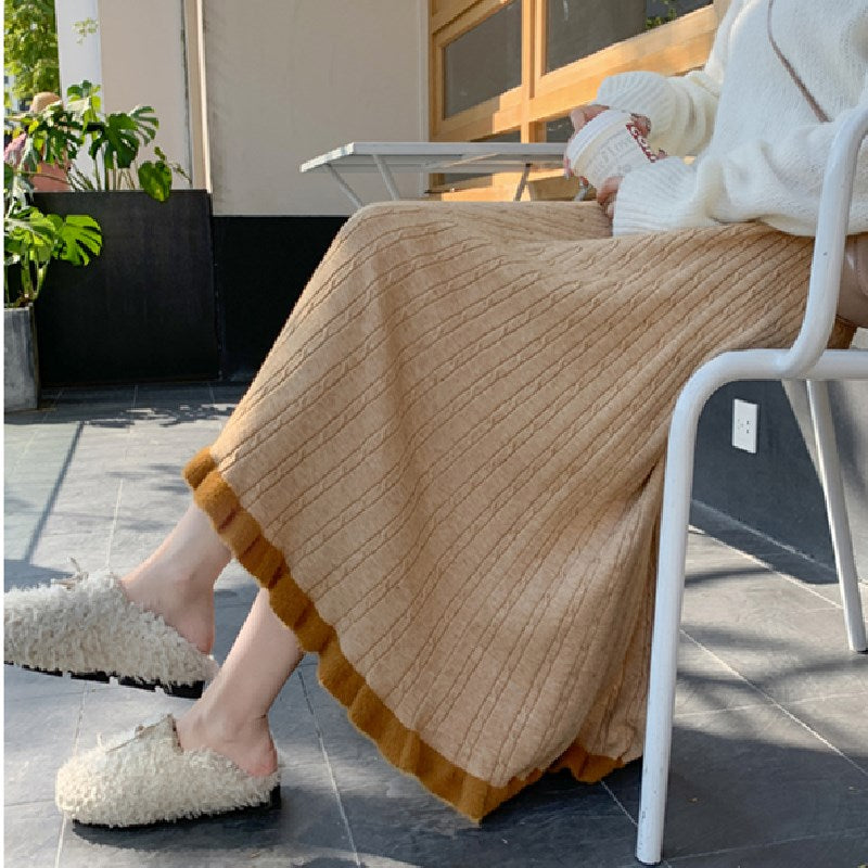３カラー選択韓国風ゆったり合わせやすいニットロングAラインドレープスカート
