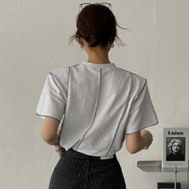 ストライプ半袖リゾートＴシャツ通勤日常コーデトップス肩パッド付