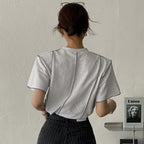 ストライプ半袖リゾートＴシャツ通勤日常コーデトップス肩パッド付