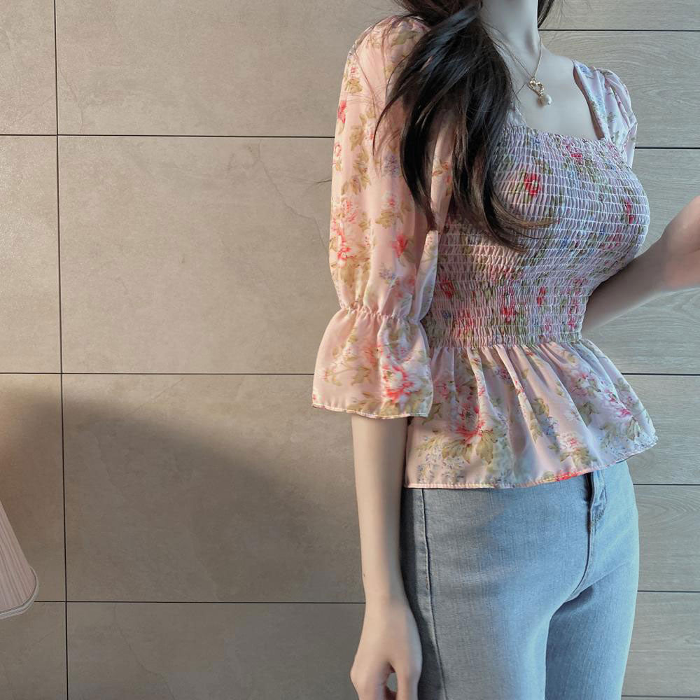 ギャザーストレッチシフォン花柄シャツ