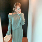 5カラー選択無地気質ファッションニットトップス＆無地カジュアルコーデしやすいスリングワンピースセットアップ
