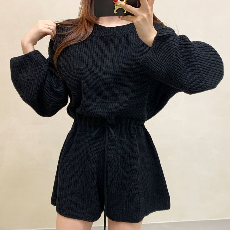 韓国風好感度100％レトロデザインラウンドネック長袖ゆったりニットオールインワン·サロペットワンピース
