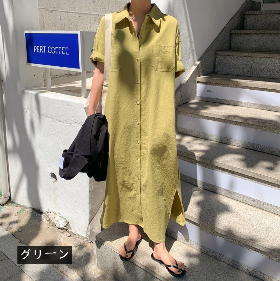 けだるい風4カラー選択折ネックボタン付きマキシワンピースカジュアルワンピース無地リゾート