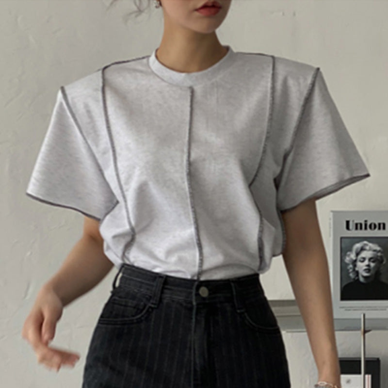 ストライプ半袖リゾートＴシャツ通勤日常コーデトップス肩パッド付