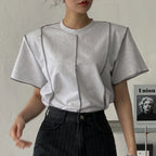 ストライプ半袖リゾートＴシャツ通勤日常コーデトップス肩パッド付
