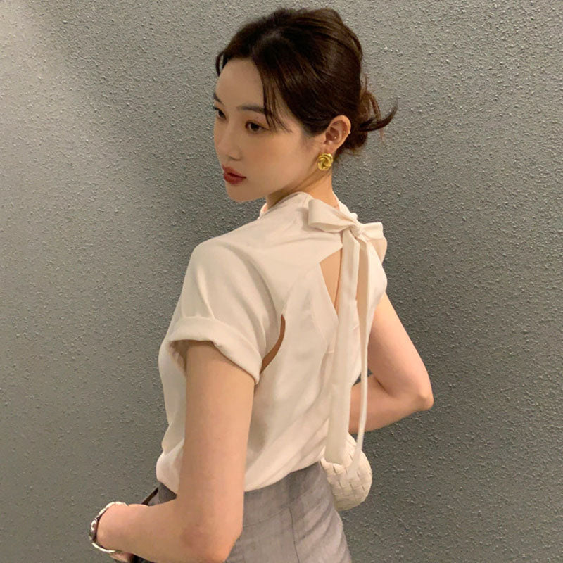 後ろ開きリボンデザイン半袖Tシャツトップス