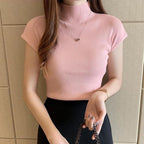 カジュアルスリム着痩せ合わせやすいハーフネック半袖ショート丈ニットＴシャツ