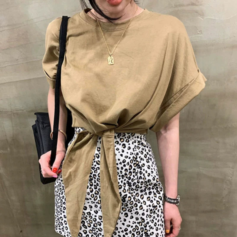 不規則フレンチ袖無地Tシャツリボンコーデしやすいトップス