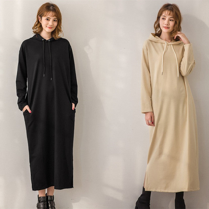 4COLORSシンプル無地カジュアルフード付きゆるリラックスロングワンピース