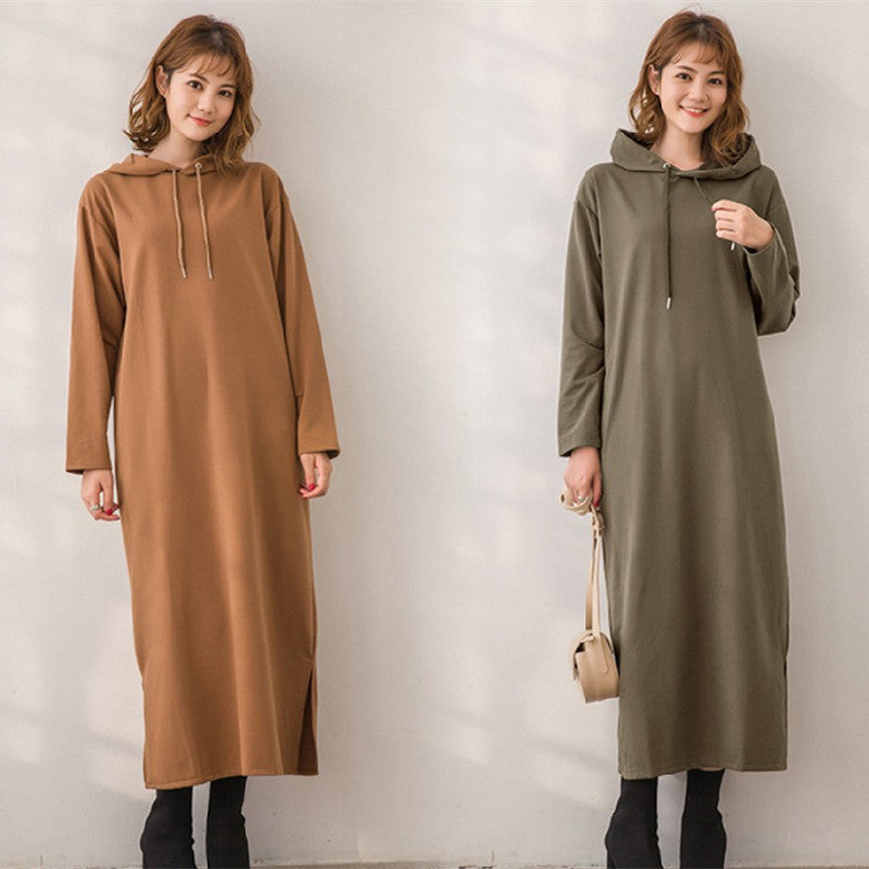 4COLORSシンプル無地カジュアルフード付きゆるリラックスロングワンピース