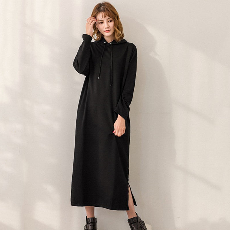 4COLORSシンプル無地カジュアルフード付きゆるリラックスロングワンピース