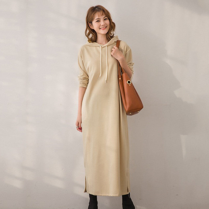4COLORSシンプル無地カジュアルフード付きゆるリラックスロングワンピース