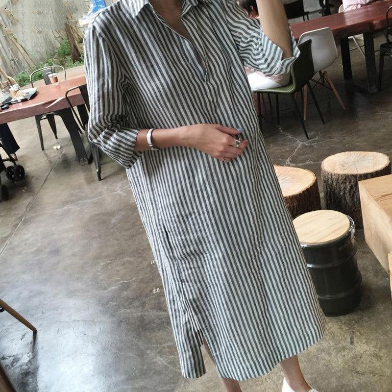 気質満点シンプルストライプ上品さたっぷりレトロスタイルシャツカジュアルワンピース